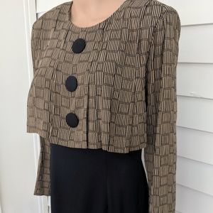 90s Retro Black Print Dress Long Sleeve Rayon Vintage S